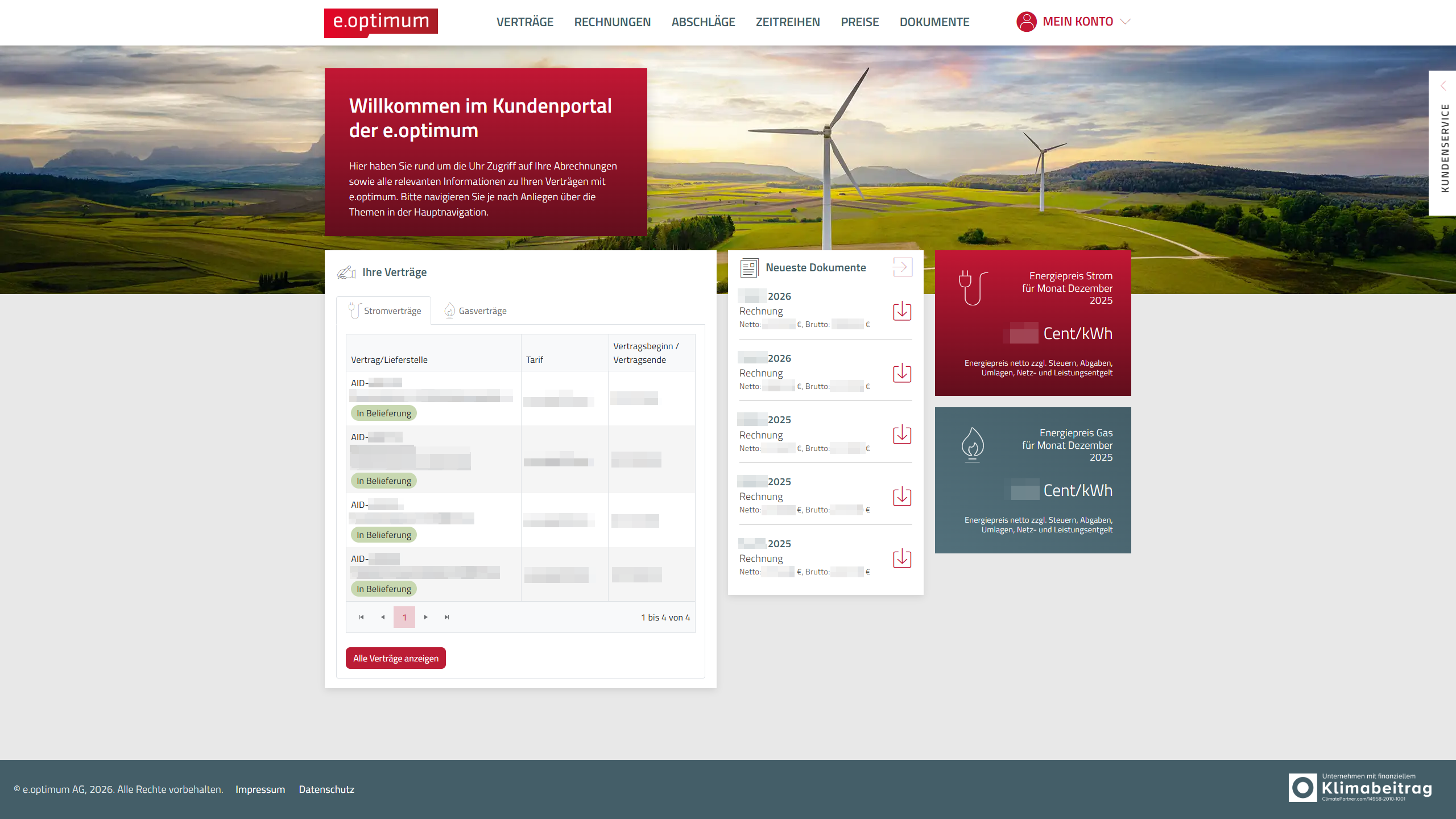 Dashboard des e.optimum Kundenportals